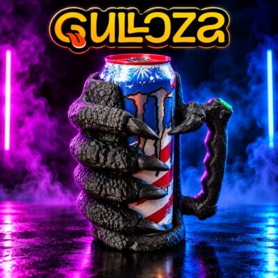 Suporte Monster Garra preto a segurar uma lata Monster